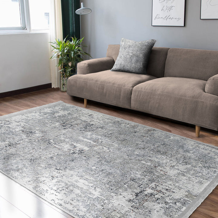 Grey Washable Bedroom Area Rug with Fringes – Machine-Washable, Anti-Allergic Cotton-Poly Blend, Non-Slip Base, OEKO-TEX Certified Copper Hera