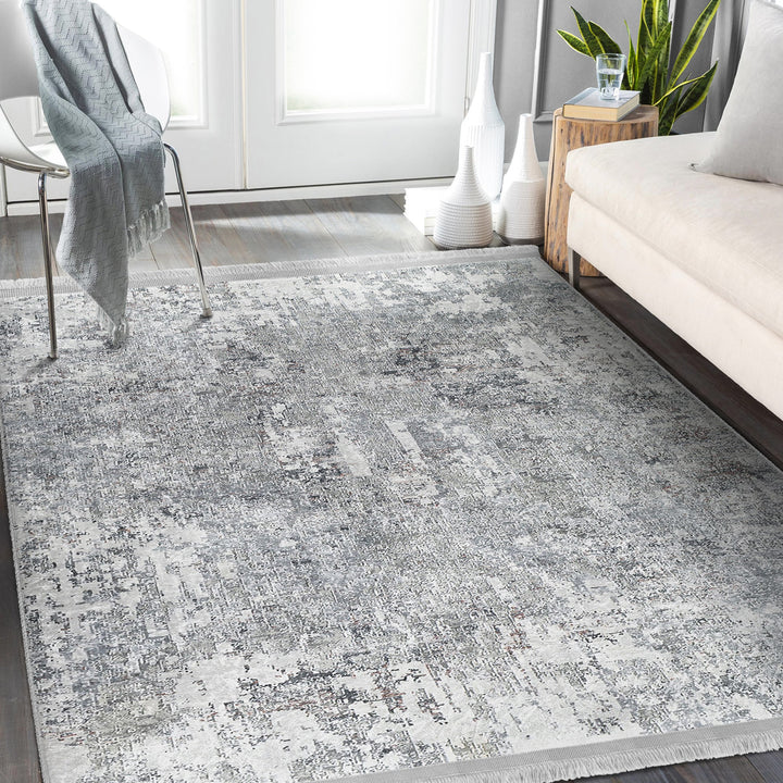 Grey Washable Bedroom Area Rug with Fringes – Machine-Washable, Anti-Allergic Cotton-Poly Blend, Non-Slip Base, OEKO-TEX Certified Copper Hera