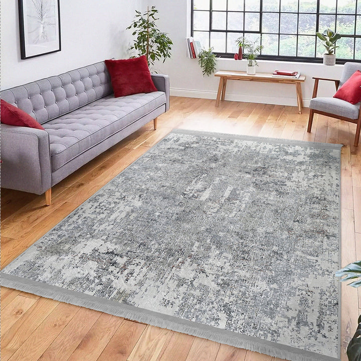 Grey Washable Bedroom Area Rug with Fringes – Machine-Washable, Anti-Allergic Cotton-Poly Blend, Non-Slip Base, OEKO-TEX Certified Copper Hera