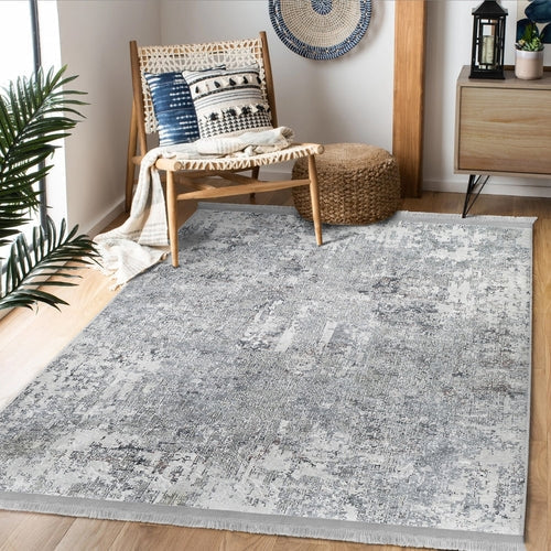 Grey Washable Bedroom Area Rug with Fringes – Machine-Washable, Anti-Allergic Cotton-Poly Blend, Non-Slip Base, OEKO-TEX Certified Copper Hera