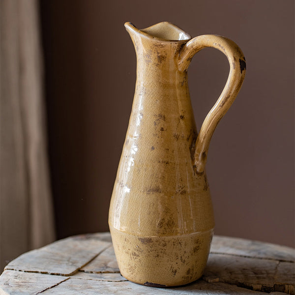 Handmade Terracotta Pottery Vase – 12" Tall Yellow & Brown Glazed Decorative Vase, Unique Artisan Craft Sangria Uranus