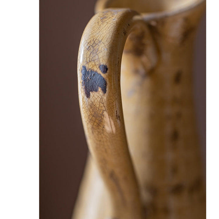 Handmade Terracotta Pottery Vase – 12" Tall Yellow & Brown Glazed Decorative Vase, Unique Artisan Craft Sangria Uranus