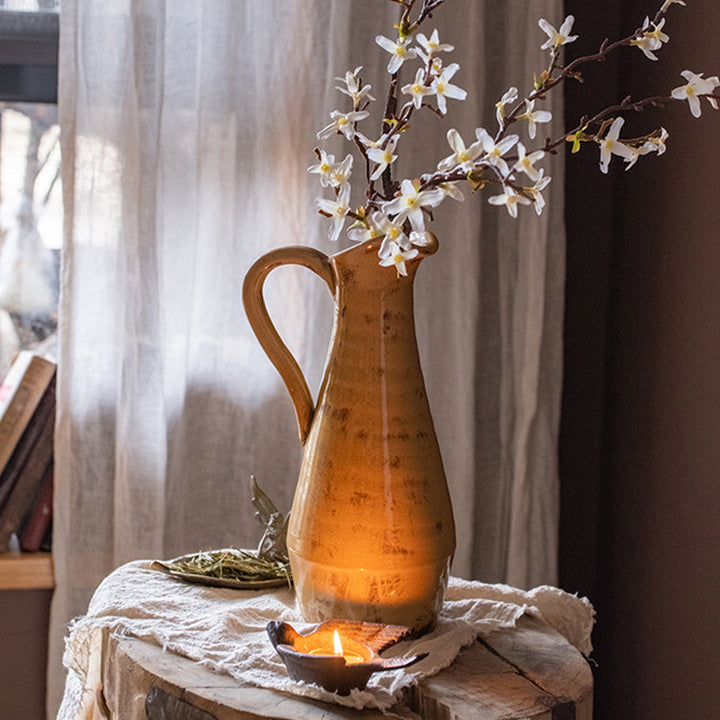 Handmade Terracotta Pottery Vase – 12" Tall Yellow & Brown Glazed Decorative Vase, Unique Artisan Craft Sangria Uranus