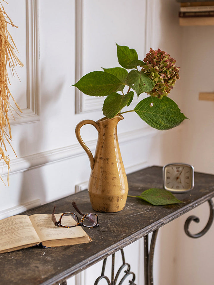 Handmade Terracotta Pottery Vase – 12" Tall Yellow & Brown Glazed Decorative Vase, Unique Artisan Craft Sangria Uranus