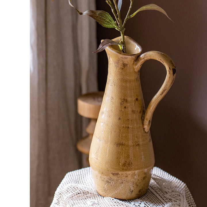 Handmade Terracotta Pottery Vase – 12" Tall Yellow & Brown Glazed Decorative Vase, Unique Artisan Craft Sangria Uranus