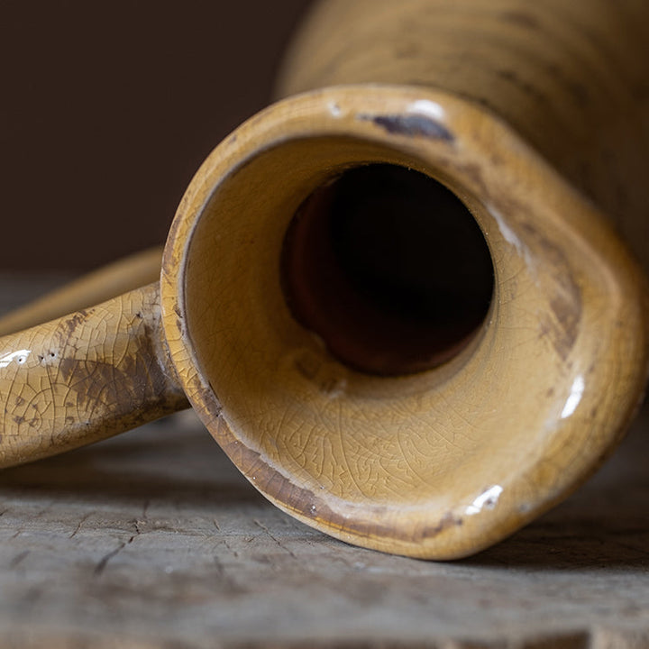 Handmade Terracotta Pottery Vase – 12" Tall Yellow & Brown Glazed Decorative Vase, Unique Artisan Craft Sangria Uranus