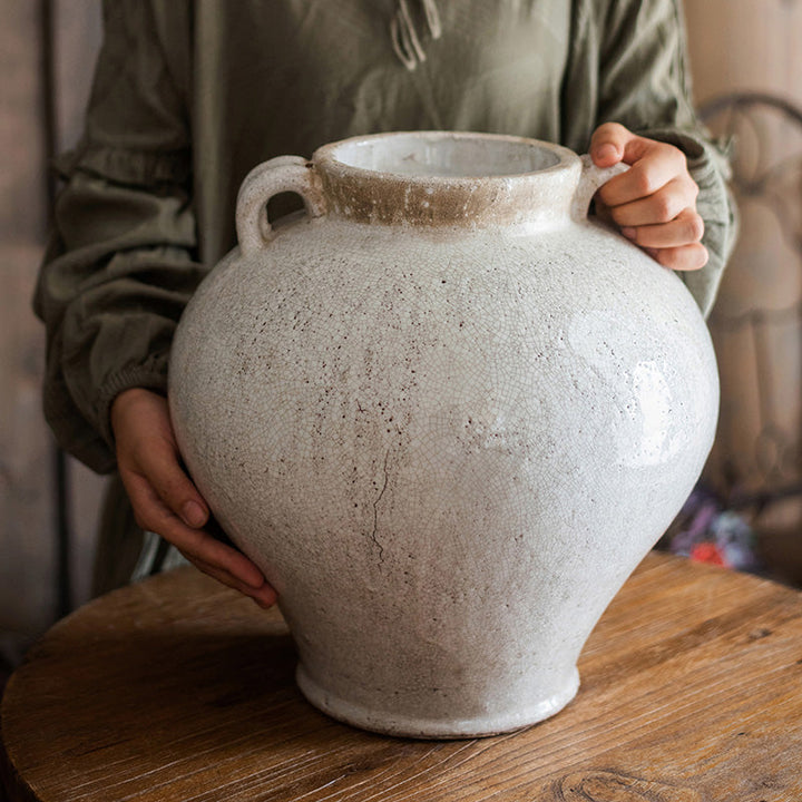 Handmade Ceramic Pottery Vase – Large White & Light Brown Decorative Accent (13”) Sangria Uranus