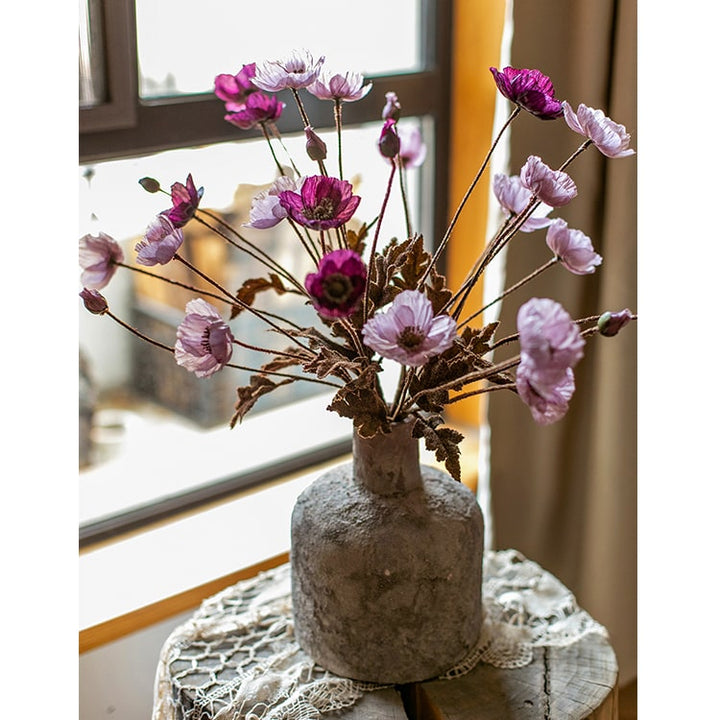 Handmade Purple Poppy Artificial Flower Stem – 23.2" Faux Silk Bloom with Bud & Green Leaves Sangria Uranus