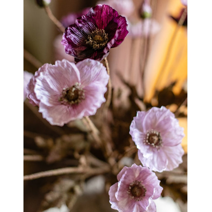 Handmade Purple Poppy Artificial Flower Stem – 23.2" Faux Silk Bloom with Bud & Green Leaves Sangria Uranus