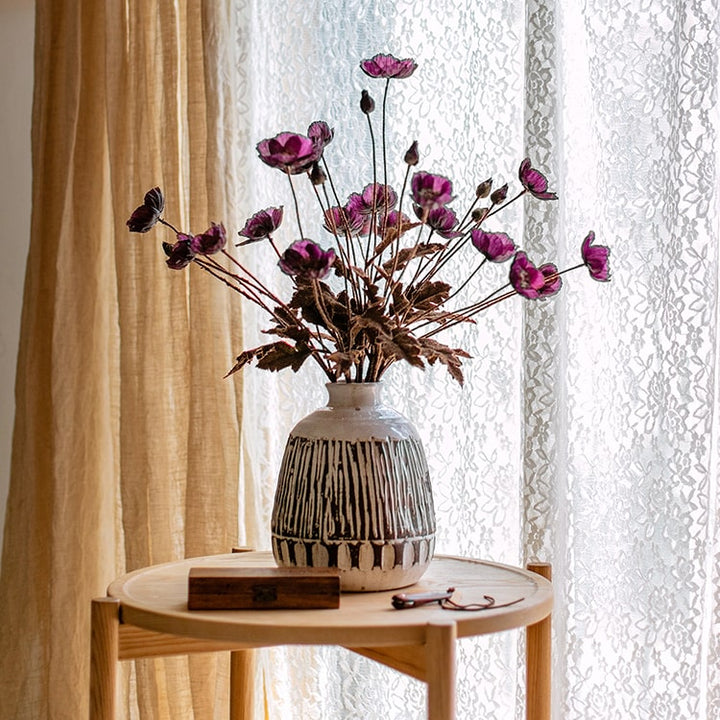 Handmade Purple Poppy Artificial Flower Stem – 23.2" Faux Silk Bloom with Bud & Green Leaves Sangria Uranus