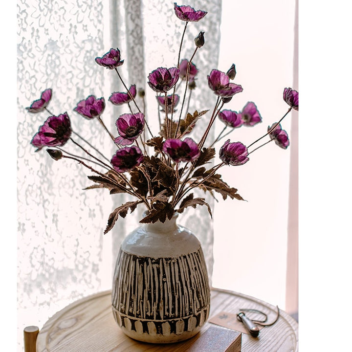 Handmade Purple Poppy Artificial Flower Stem – 23.2" Faux Silk Bloom with Bud & Green Leaves Sangria Uranus
