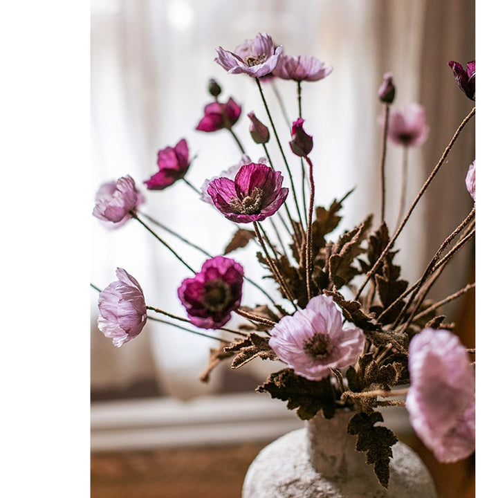Handmade Purple Poppy Artificial Flower Stem – 23.2" Faux Silk Bloom with Bud & Green Leaves Sangria Uranus