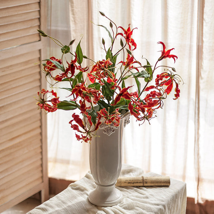 Handmade Faux Silk Flame Lily Flower Stem – Realistic Artificial Silk Flowers with Three Blooms (Orange, Red, Yellow) Sangria Uranus