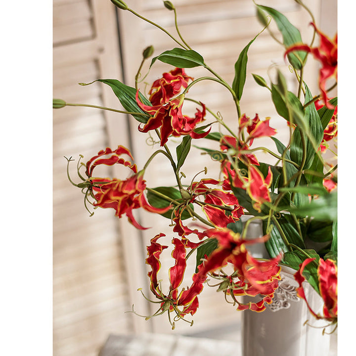 Handmade Faux Silk Flame Lily Flower Stem – Realistic Artificial Silk Flowers with Three Blooms (Orange, Red, Yellow) Sangria Uranus