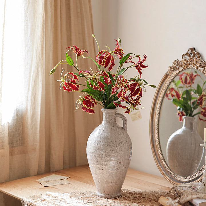 Handmade Faux Silk Flame Lily Flower Stem – Realistic Artificial Silk Flowers with Three Blooms (Orange, Red, Yellow) Sangria Uranus
