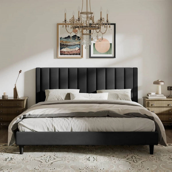 King Size Black Velvet Upholstered Platform Bed Frame with Headboard – Sturdy Metal Frame & Plush Design Yellow Crius