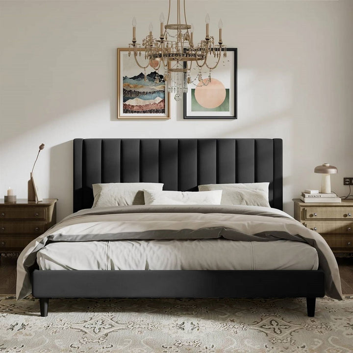 King Size Black Velvet Upholstered Platform Bed Frame with Headboard – Sturdy Metal Frame & Plush Design Yellow Crius