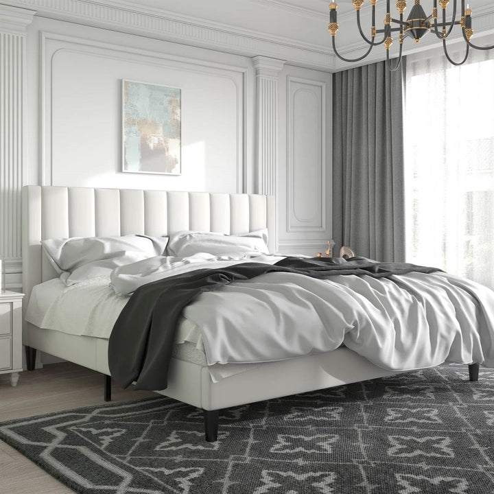 King Size White Velvet Upholstered Platform Bed Frame with Headboard – Sturdy Metal & Wood Slat Support, Modern Rectangular Design Yellow Crius