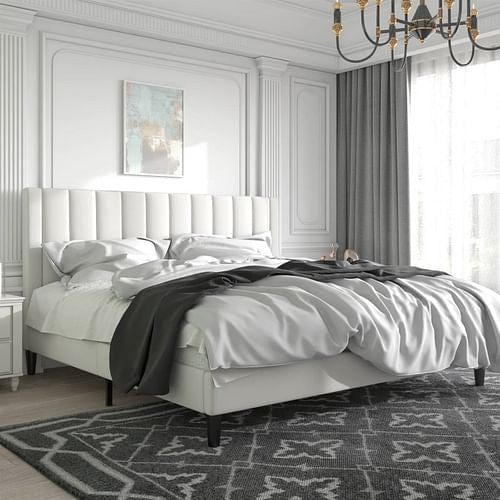 King Size White Velvet Upholstered Platform Bed Frame with Headboard – Sturdy Metal & Wood Slat Support, Modern Rectangular Design Yellow Crius