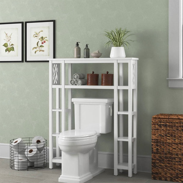 Over-the-Toilet Bathroom Shelving Unit with 9 White Wood Shelves – Space-Saving Freestanding Storage Organizer Yellow Crius