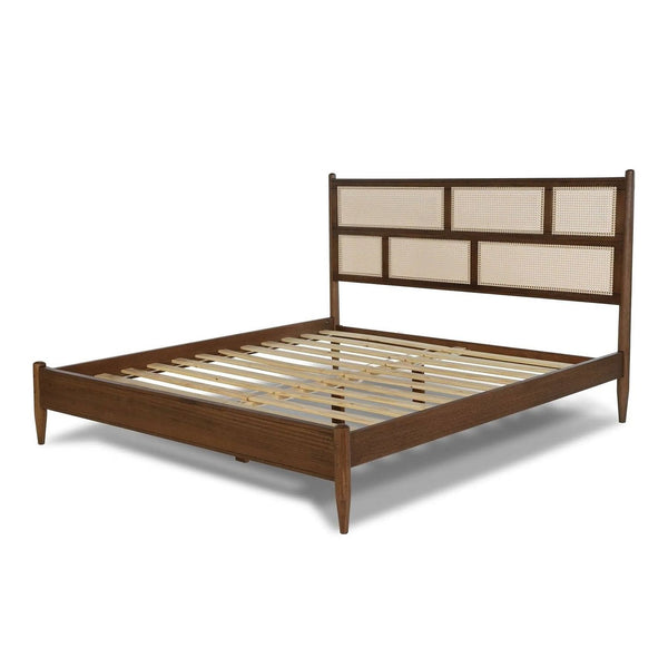 Mid-Century Modern Solid Wood Queen Bed Frame with Cane Panel Headboard – Eucalyptus & Pine, No Box Spring Needed Yellow Crius