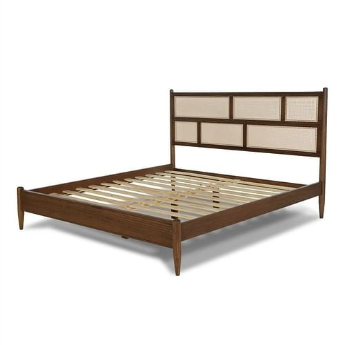 Mid-Century Modern Solid Wood Queen Bed Frame with Cane Panel Headboard – Eucalyptus & Pine, No Box Spring Needed Yellow Crius