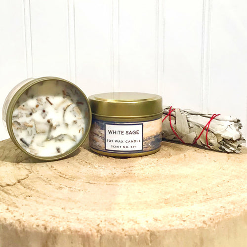 White Sage Aromatherapy Soy Wax Candle – Cleansing Scent with Real Dried Sage, Pure Essential Oils, Hand-Poured in Brooklyn Indigo Poseidon