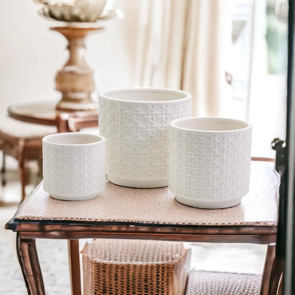 Handmade Cane Webbing Ceramic Planters – Small, Medium & Large Cement Pots for Indoor Plants Cerise Thalassa