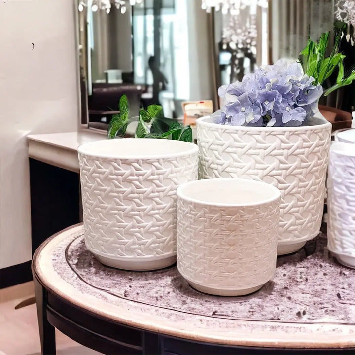 Handmade Cane Webbing Ceramic Planters – Small, Medium & Large Cement Pots for Indoor Plants Cerise Thalassa