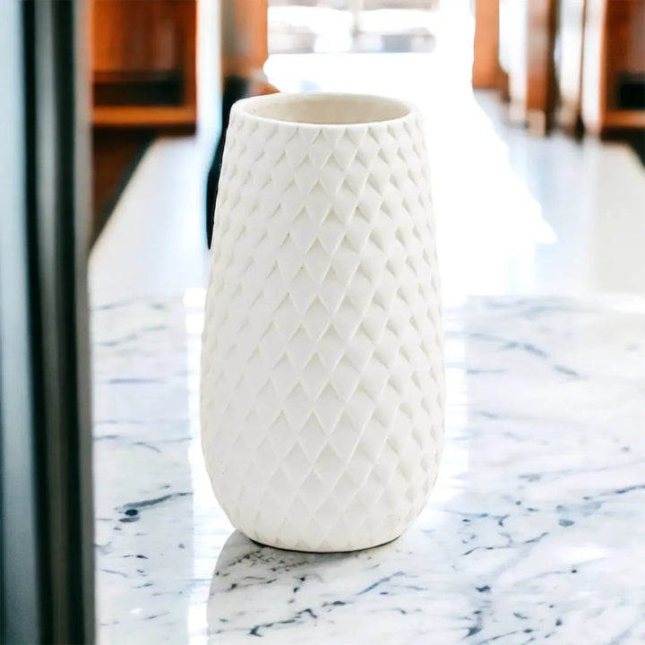 Diamond Weave White Ceramic Vase – Modern Geometric Dolomite Flower Vase, Medium & Large Sizes Cerise Thalassa