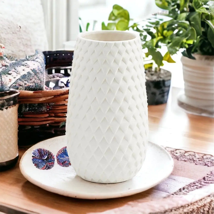 Diamond Weave White Ceramic Vase – Modern Geometric Dolomite Flower Vase, Medium & Large Sizes Cerise Thalassa