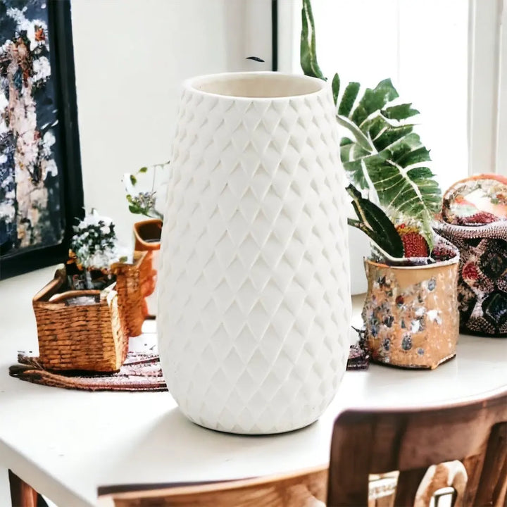 Diamond Weave White Ceramic Vase – Modern Geometric Dolomite Flower Vase, Medium & Large Sizes Cerise Thalassa