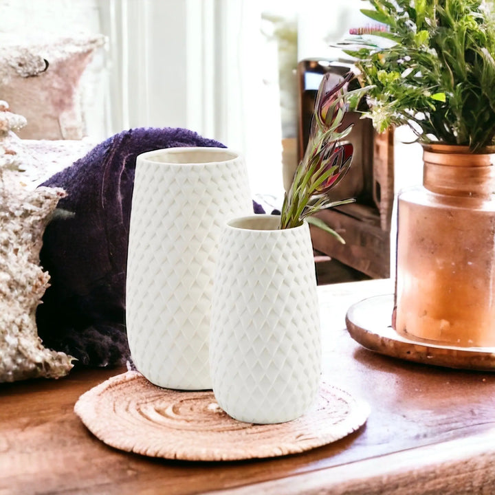 Diamond Weave White Ceramic Vase – Modern Geometric Dolomite Flower Vase, Medium & Large Sizes Cerise Thalassa