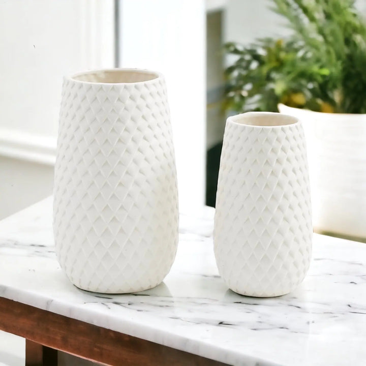 Diamond Weave White Ceramic Vase – Modern Geometric Dolomite Flower Vase, Medium & Large Sizes Cerise Thalassa