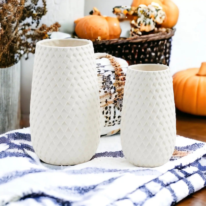 Diamond Weave White Ceramic Vase – Modern Geometric Dolomite Flower Vase, Medium & Large Sizes Cerise Thalassa