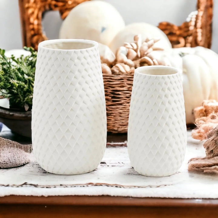 Diamond Weave White Ceramic Vase – Modern Geometric Dolomite Flower Vase, Medium & Large Sizes Cerise Thalassa