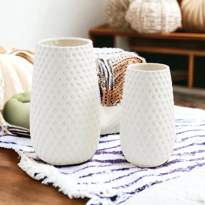 Diamond Weave White Ceramic Vase – Modern Geometric Dolomite Flower Vase, Medium & Large Sizes Cerise Thalassa