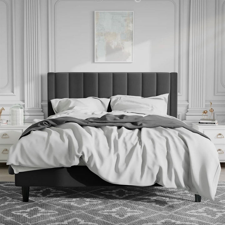 Queen Size Black Velvet Upholstered Platform Bed Frame with Headboard – Sturdy Metal Frame & Plush Velvet Design Yellow Crius