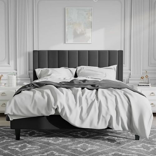 Queen Size Black Velvet Upholstered Platform Bed Frame with Headboard – Sturdy Metal Frame & Plush Velvet Design Yellow Crius