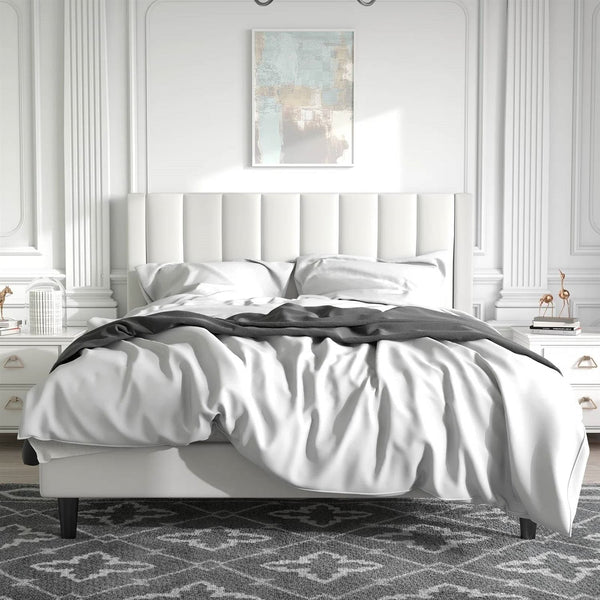 Queen Size White Velvet Upholstered Platform Bed Frame with Headboard – No Box Spring Required, Sturdy Steel & Wood Slats Yellow Crius