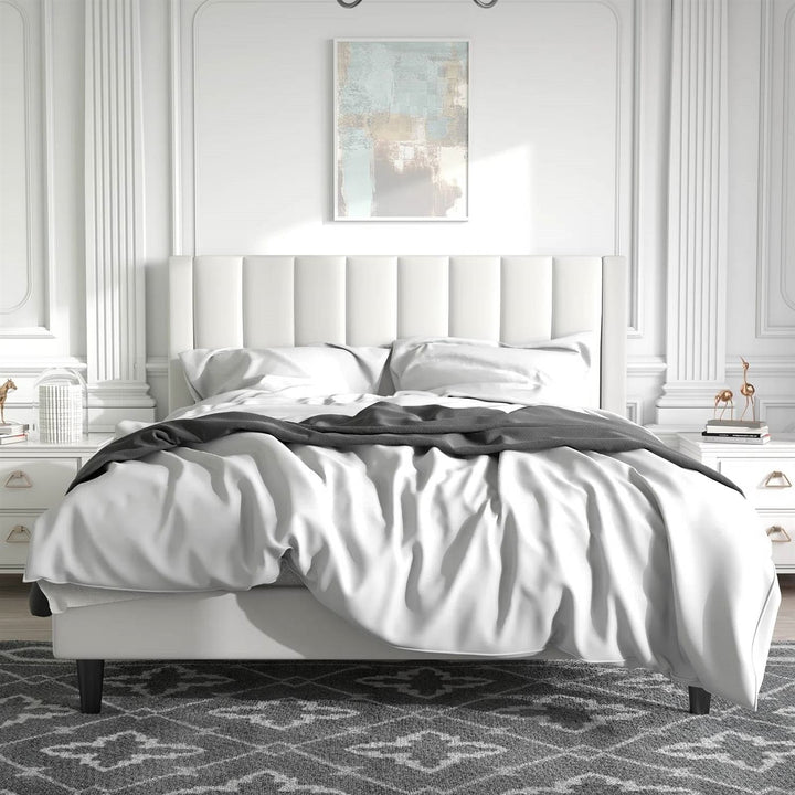 Queen Size White Velvet Upholstered Platform Bed Frame with Headboard – No Box Spring Required, Sturdy Steel & Wood Slats Yellow Crius