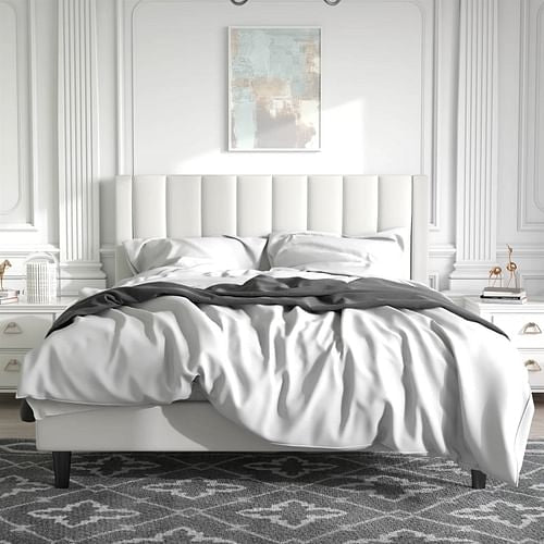 Queen Size White Velvet Upholstered Platform Bed Frame with Headboard – No Box Spring Required, Sturdy Steel & Wood Slats Yellow Crius