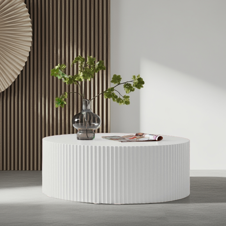 35" White Round Coffee Table – Handcrafted Relief Modern Center Table, MDF Wood, No Assembly Required Sangria Beech