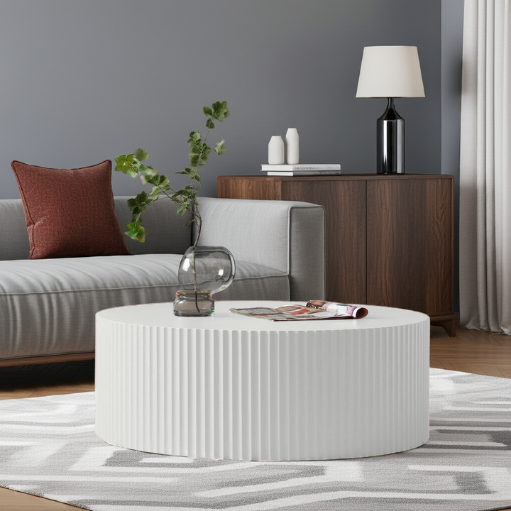 35" White Round Coffee Table – Handcrafted Relief Modern Center Table, MDF Wood, No Assembly Required Sangria Beech
