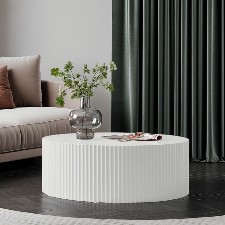 35" White Round Coffee Table – Handcrafted Relief Modern Center Table, MDF Wood, No Assembly Required Sangria Beech