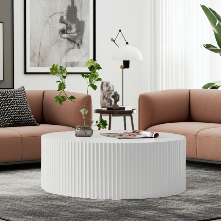 35" White Round Coffee Table – Handcrafted Relief Modern Center Table, MDF Wood, No Assembly Required Sangria Beech