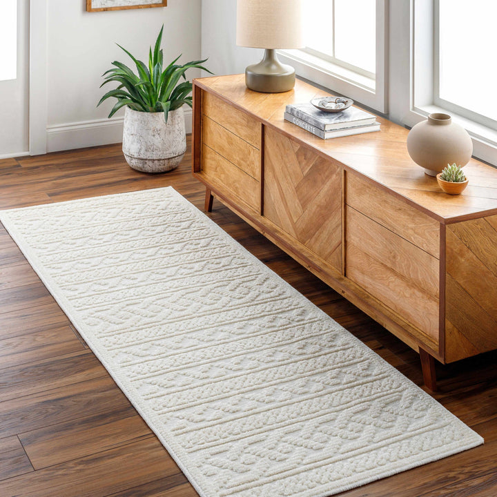 Fadey Washable Area Rug – Beige & Ivory High-Low Trellis Design, Machine Woven Medium Pile, Boho & Transitional Style Champagne Themis