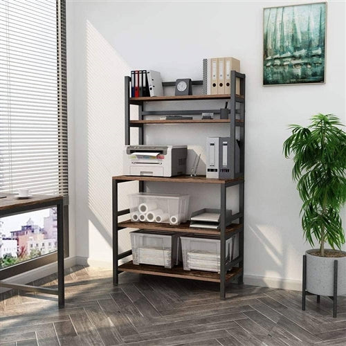 Industrial Kitchen Baker’s Rack with Shelves – Microwave Stand & Storage Organizer, Woodgrain & Metal Frame Yellow Crius