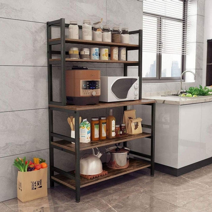 Industrial Kitchen Baker’s Rack with Shelves – Microwave Stand & Storage Organizer, Woodgrain & Metal Frame Yellow Crius