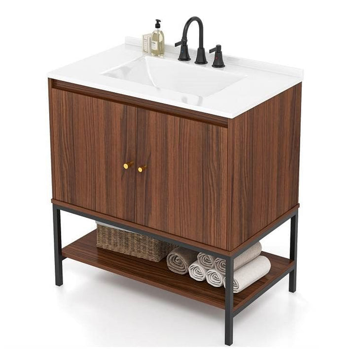 Modern Walnut Wood Bathroom Vanity with White SMC Sink, Stainless Steel Faucet & Ample Storage – 31” Vanity Cabinet with Pop-Up Drain and Anti-Toppling Safety Yellow Crius